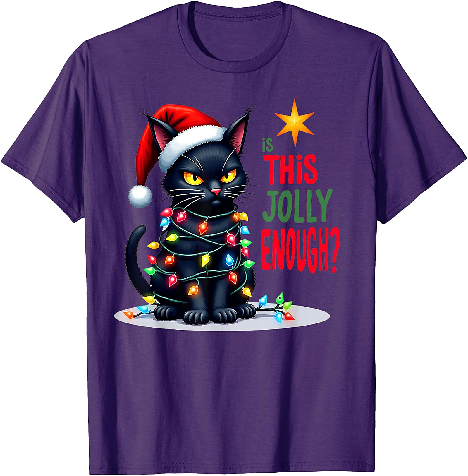  Grumpy Black Cat Christmas Lights T-Shirt | Jolly Enough Tee