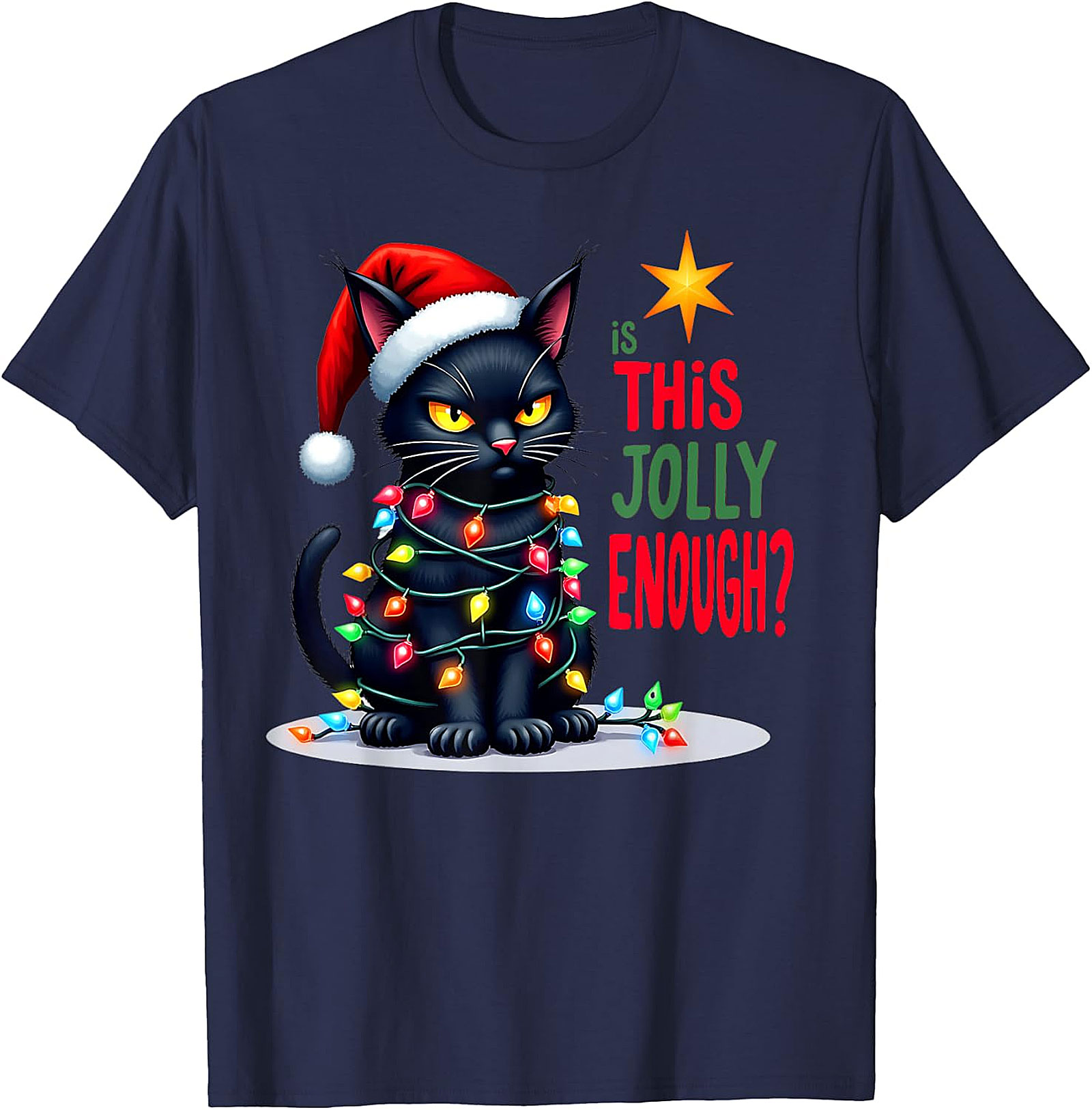  Grumpy Black Cat Christmas Lights T-Shirt | Jolly Enough Tee