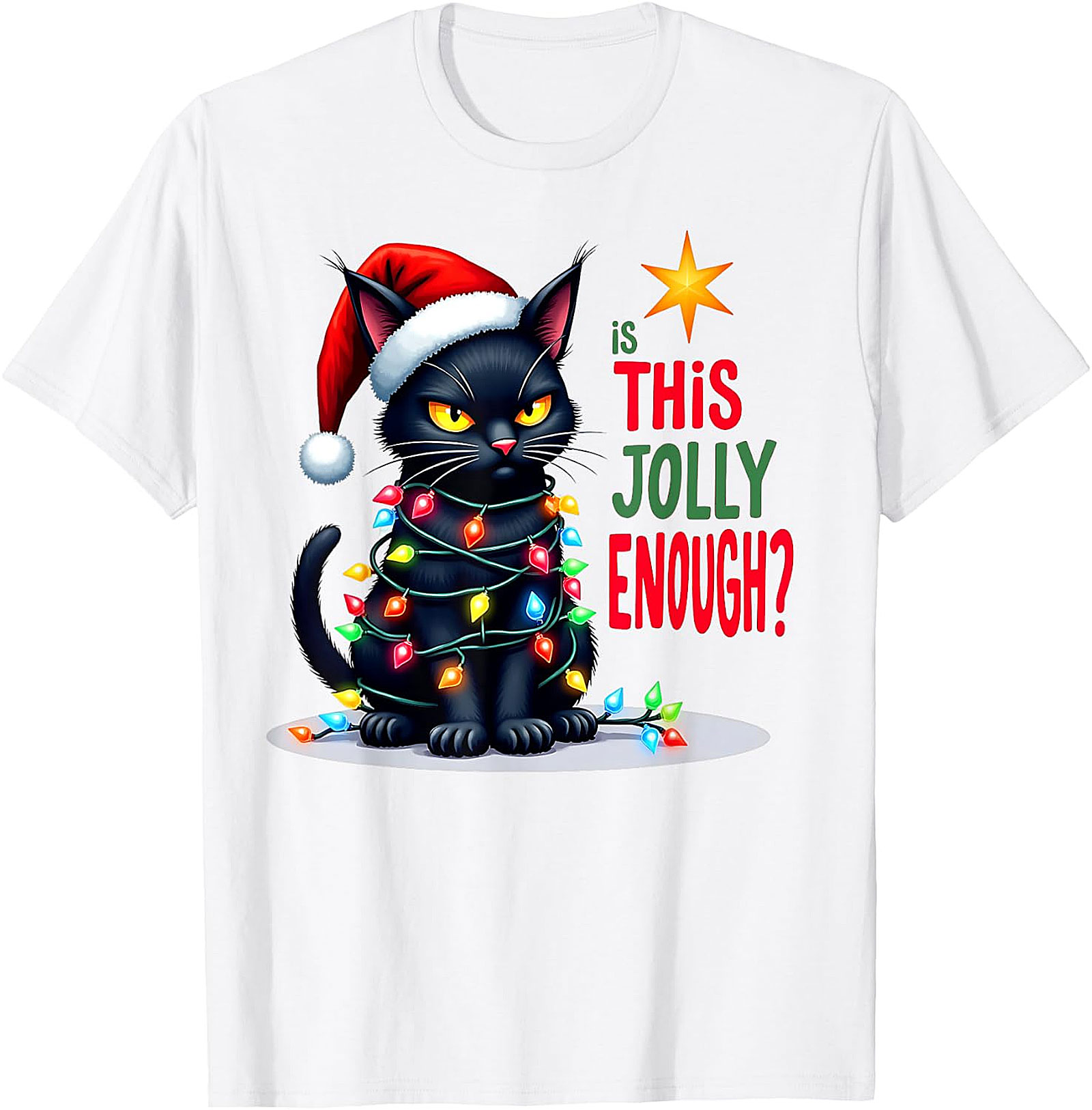  Grumpy Black Cat Christmas Lights T-Shirt | Jolly Enough Tee