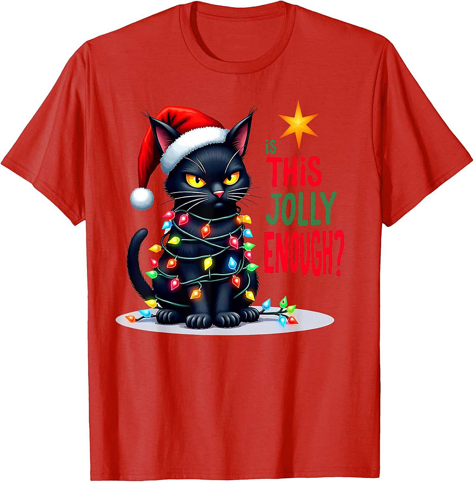  Grumpy Black Cat Christmas Lights T-Shirt | Jolly Enough Tee
