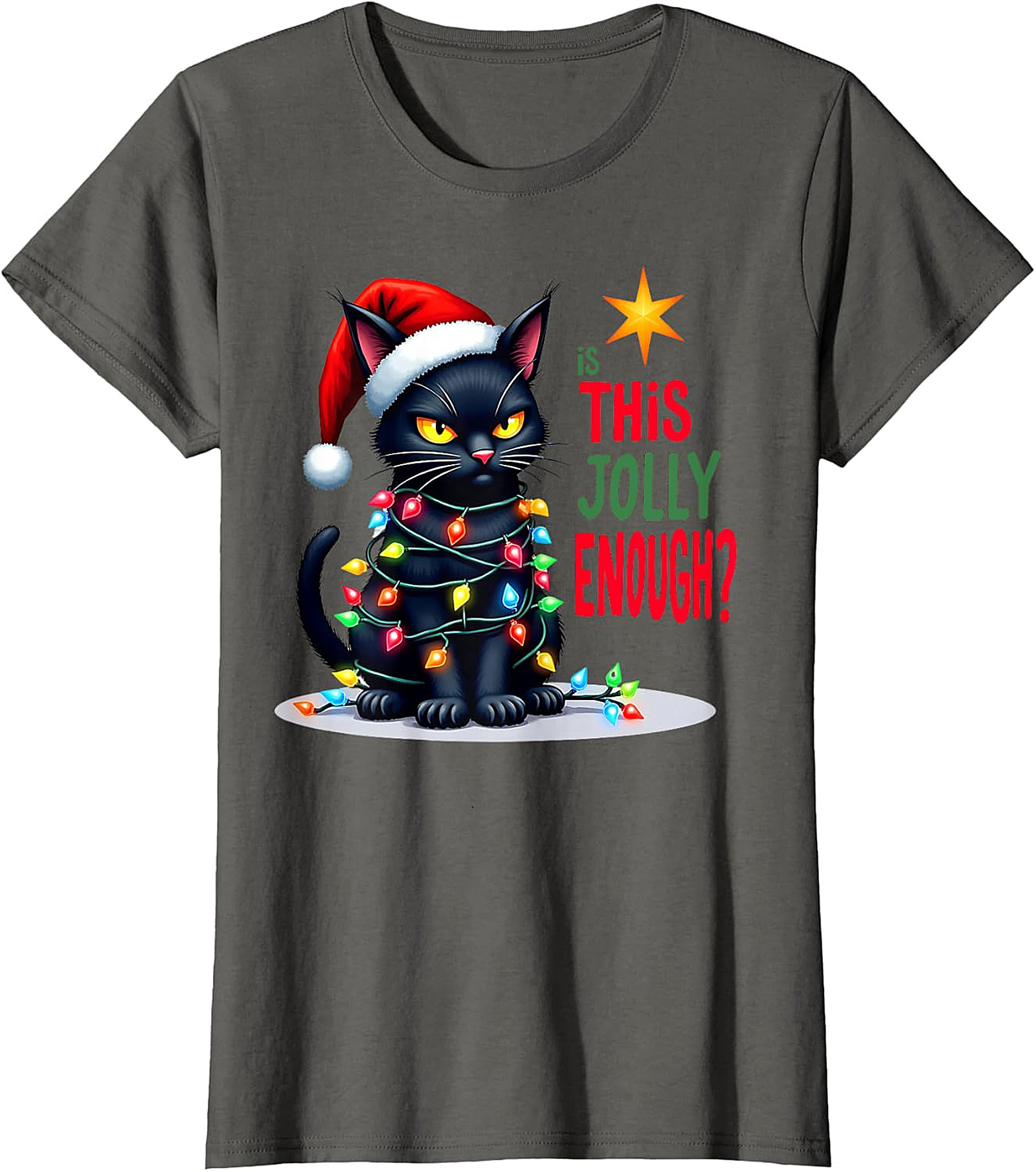  Grumpy Black Cat Christmas Lights T-Shirt | Jolly Enough Tee