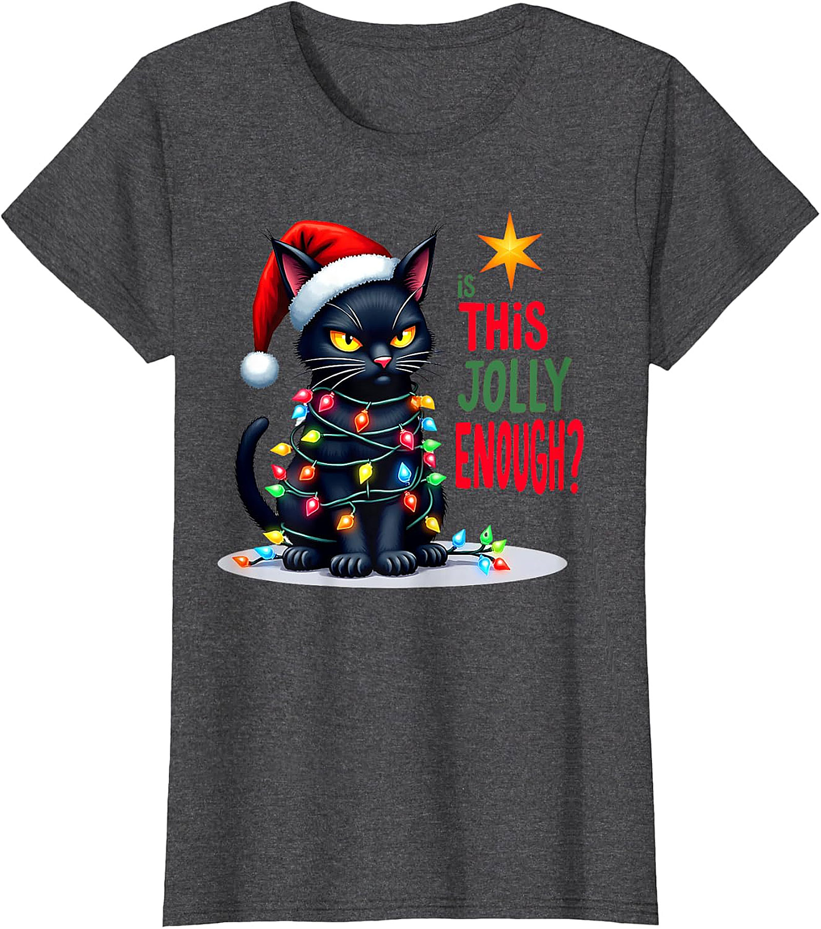  Grumpy Black Cat Christmas Lights T-Shirt | Jolly Enough Tee