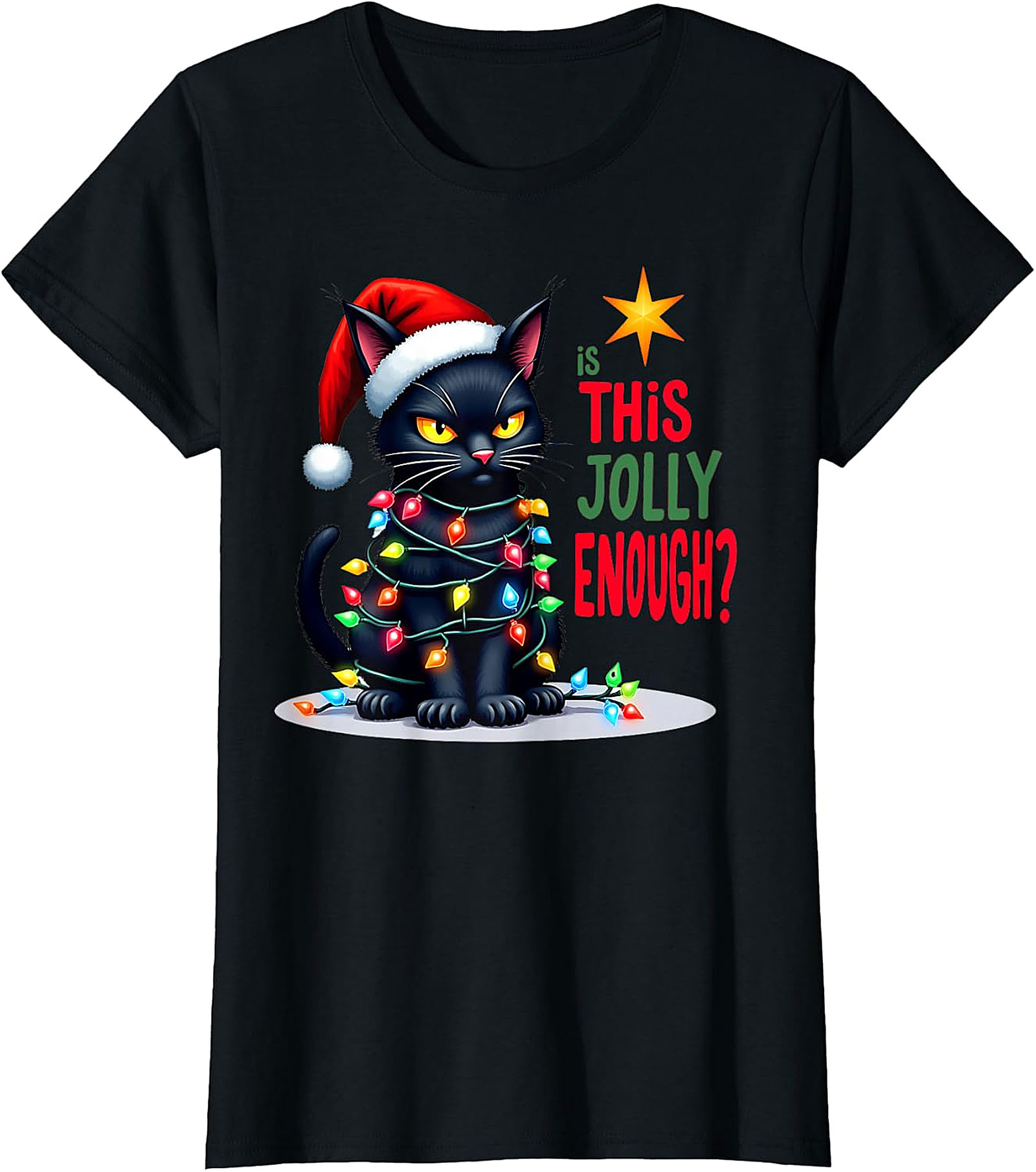  Grumpy Black Cat Christmas Lights T-Shirt | Jolly Enough Tee