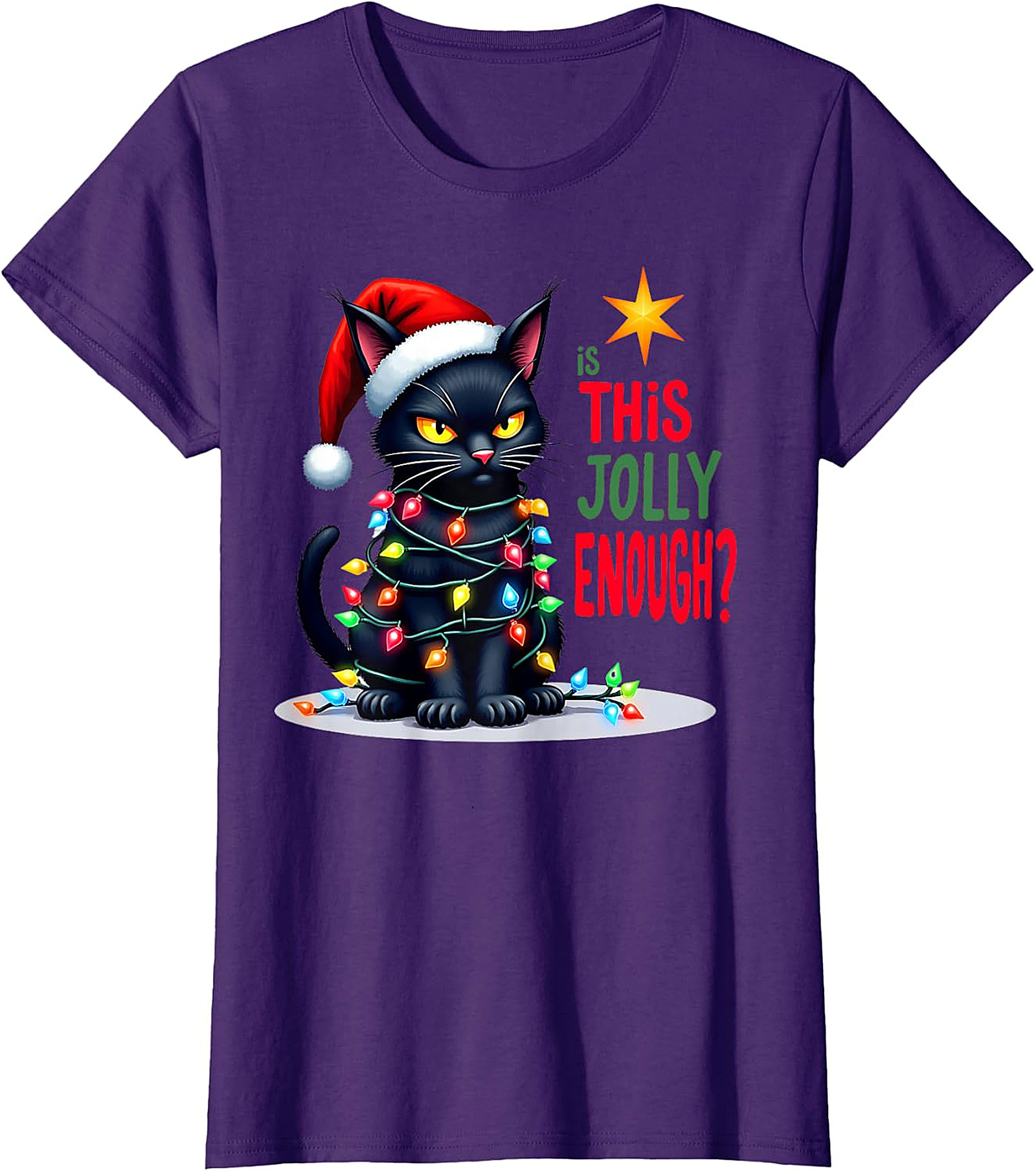  Grumpy Black Cat Christmas Lights T-Shirt | Jolly Enough Tee
