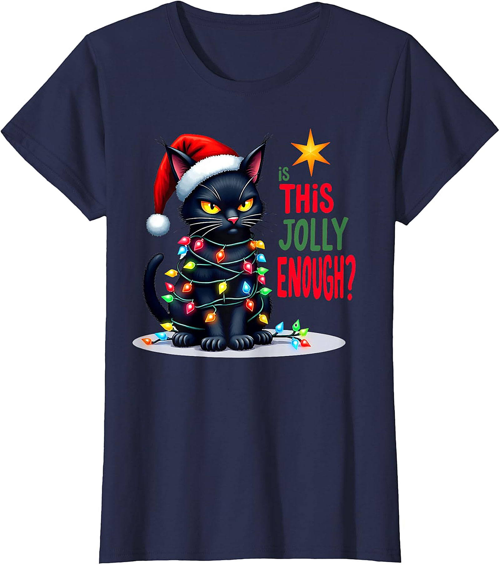  Grumpy Black Cat Christmas Lights T-Shirt | Jolly Enough Tee