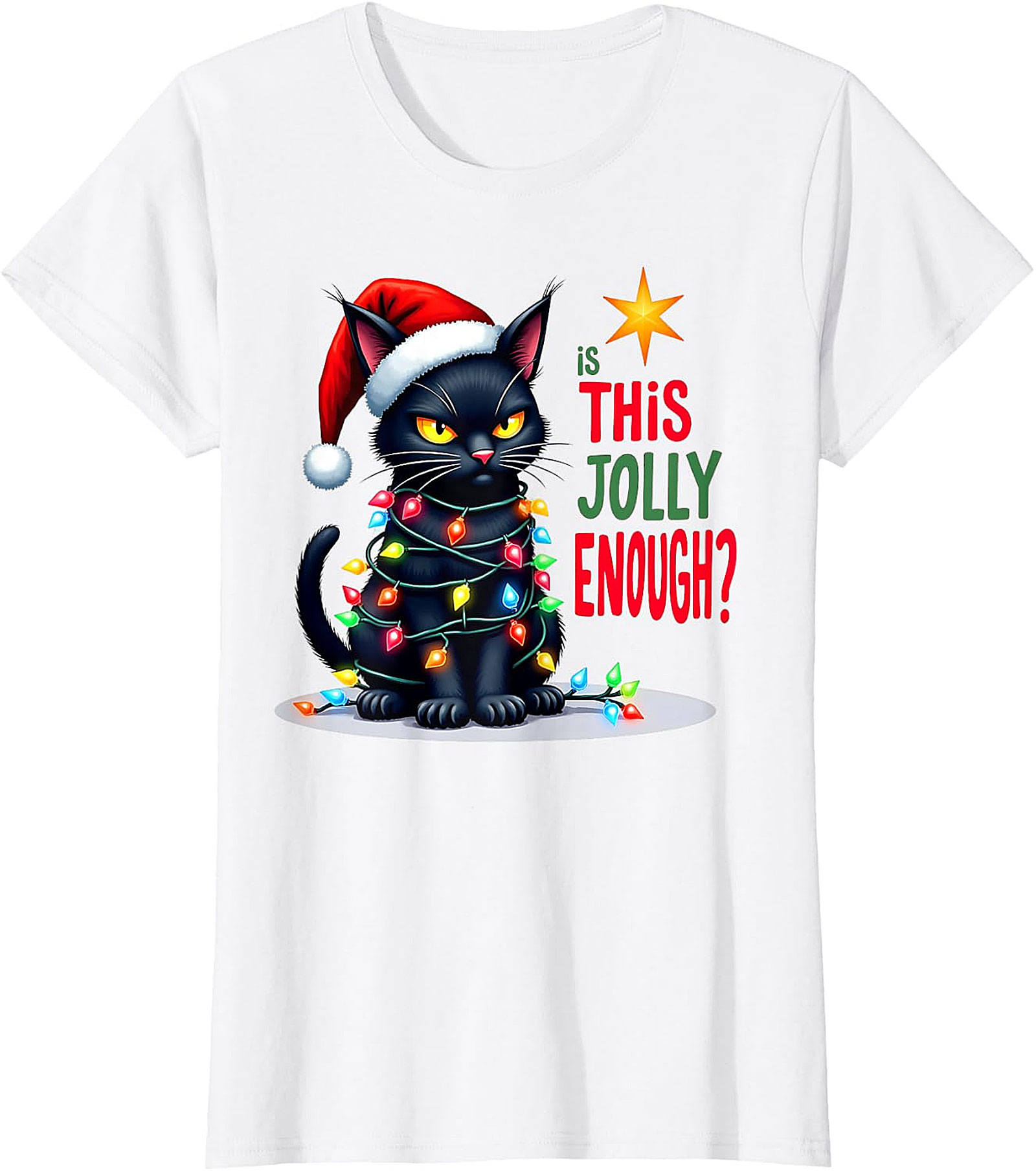  Grumpy Black Cat Christmas Lights T-Shirt | Jolly Enough Tee