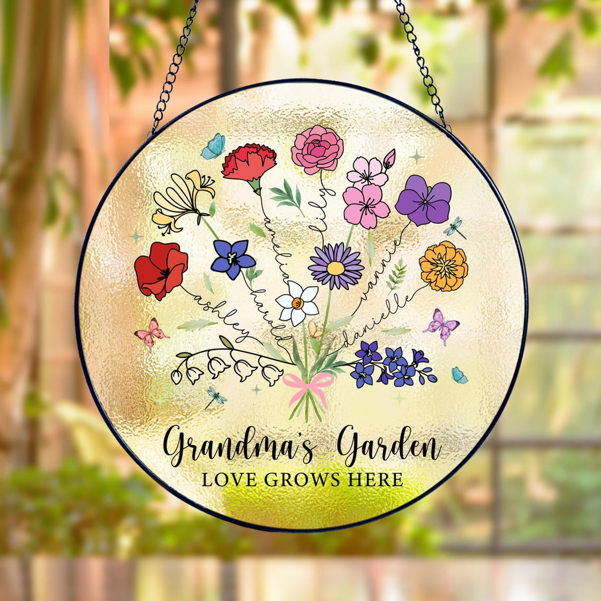 Custom Birth Flower Stained Suncatcher, Grandmas Garden Stained Glass ...