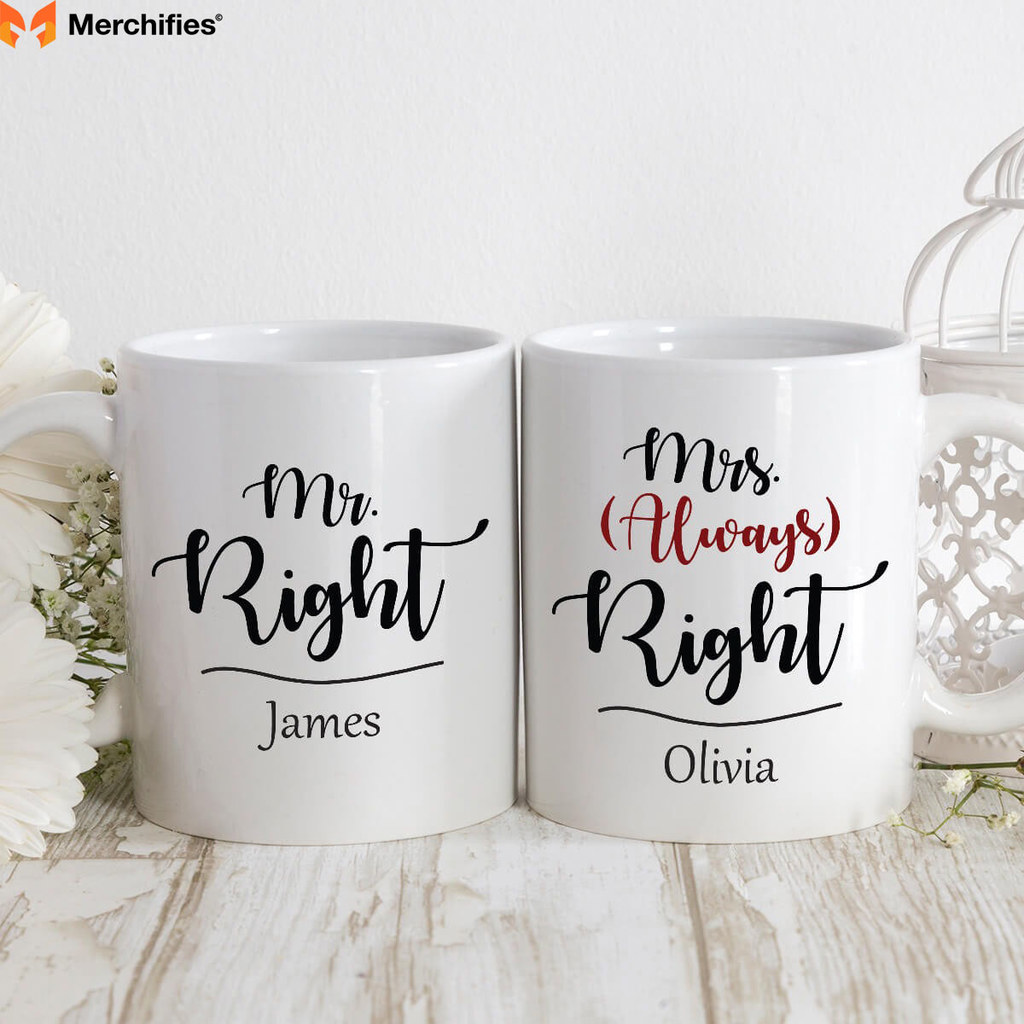 “Mr. and Mrs. Always Correct” Couple Mugs Customizable