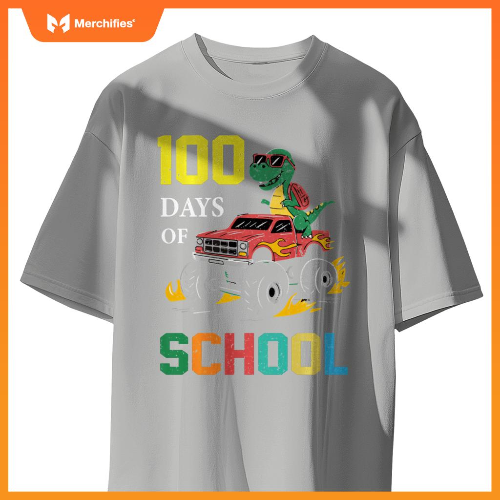 100 Days of School Dinosaur Monster Truck Kids Boys Girls T-Shirt