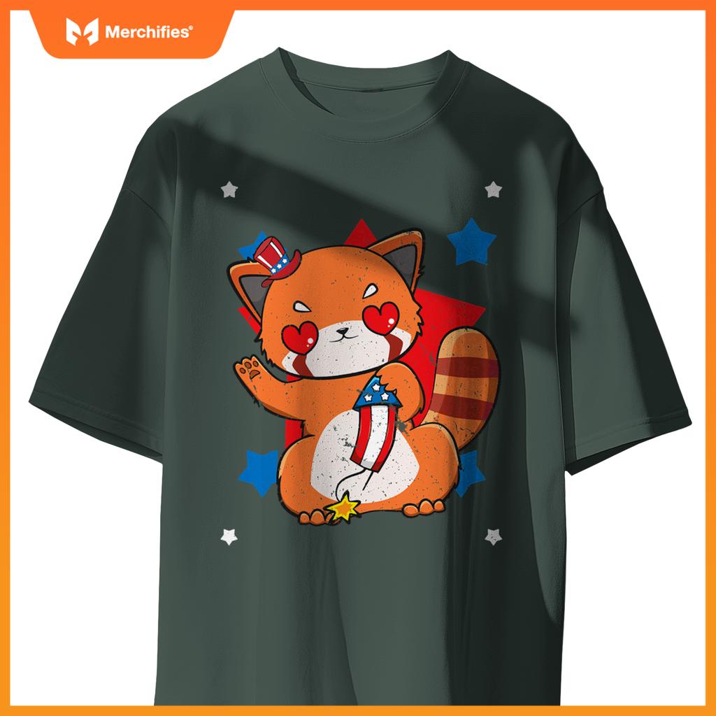 4th of july red panda cute patriotic firework usa T-Shirt