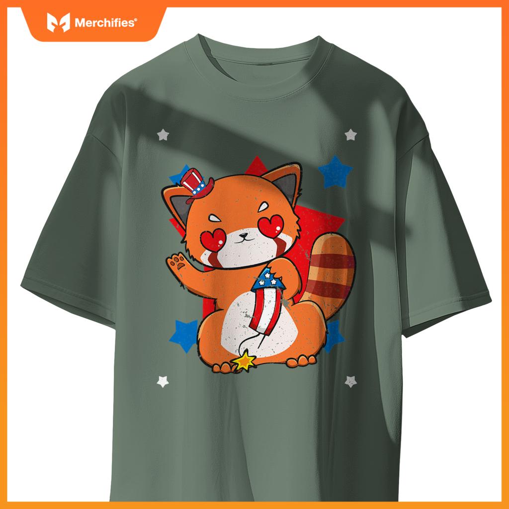 4th of july red panda cute patriotic firework usa T-Shirt