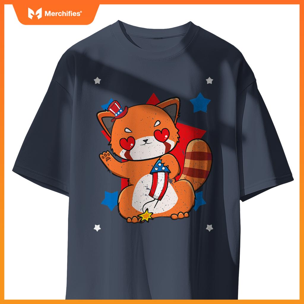 4th of july red panda cute patriotic firework usa T-Shirt
