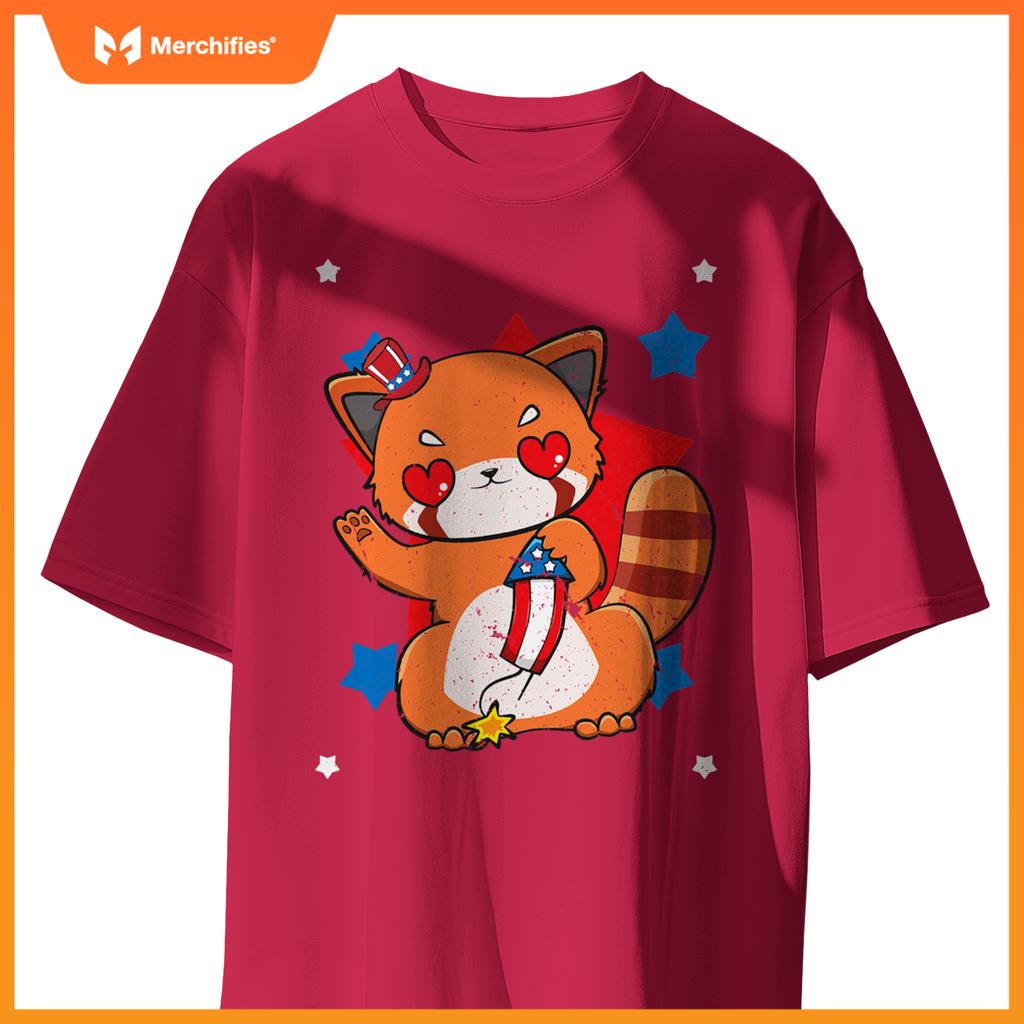 4th of july red panda cute patriotic firework usa T-Shirt