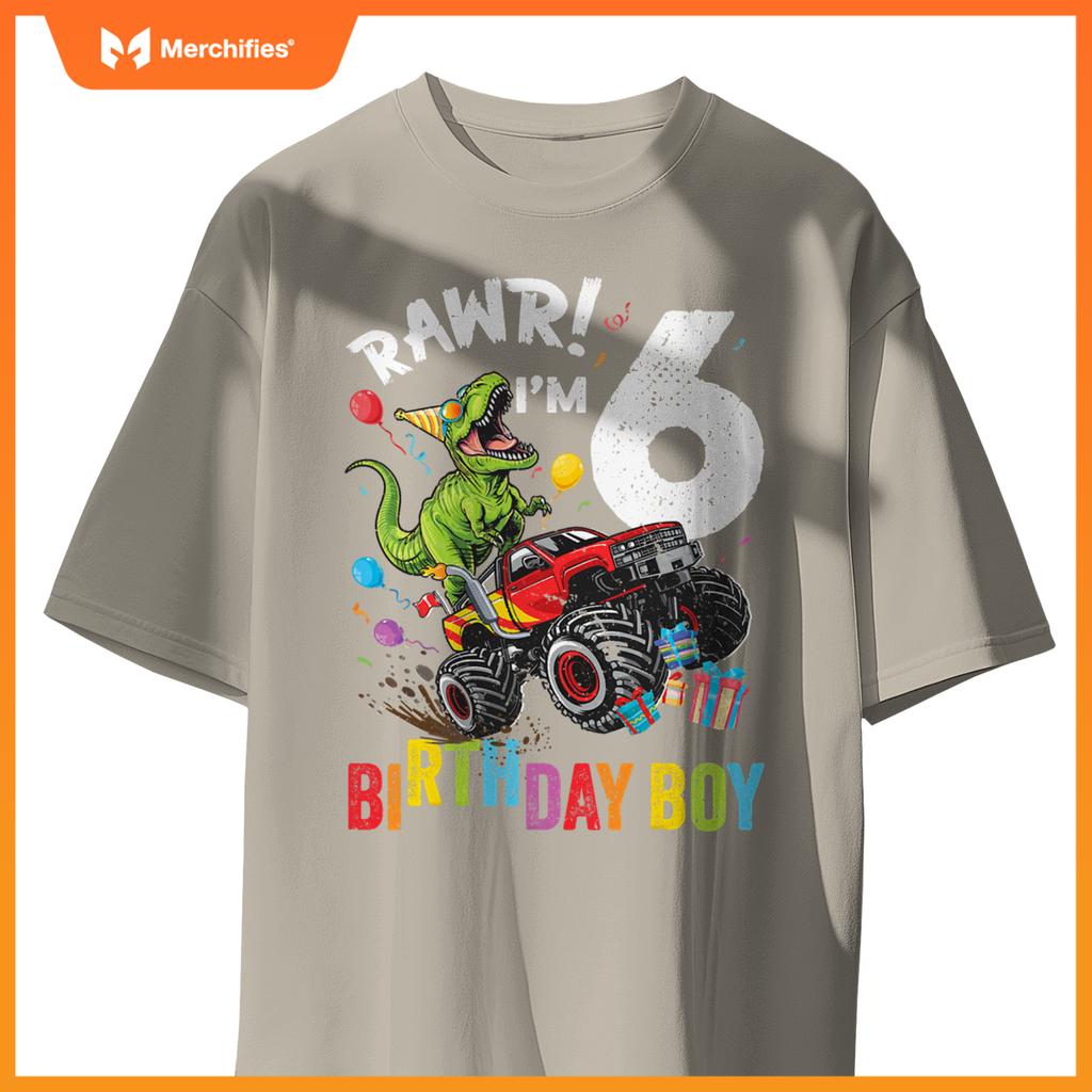 6Th Birthday Boy Dinosaur Monster Truck T-Shirt