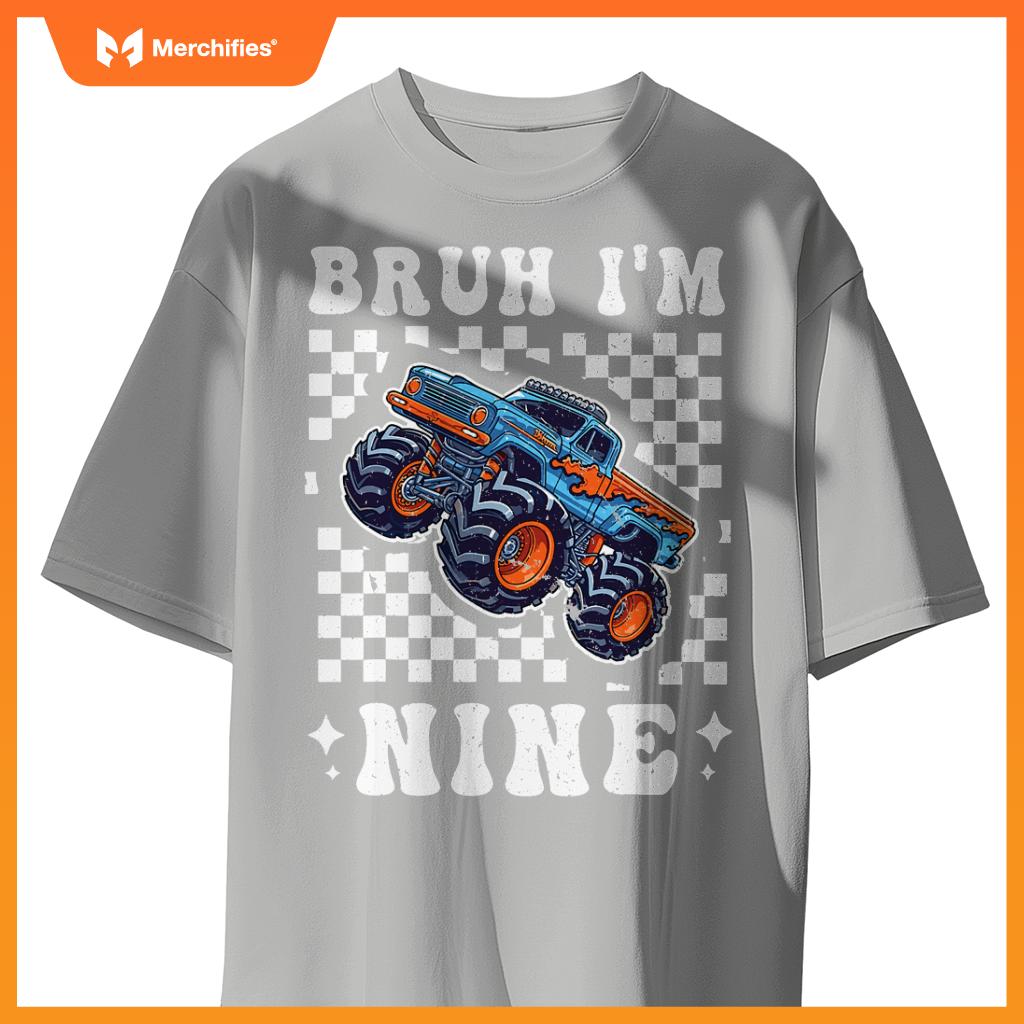 9 Years Old Boy Girl Bruh Im 9 Birthday Boys Monster Truck T-Shirt