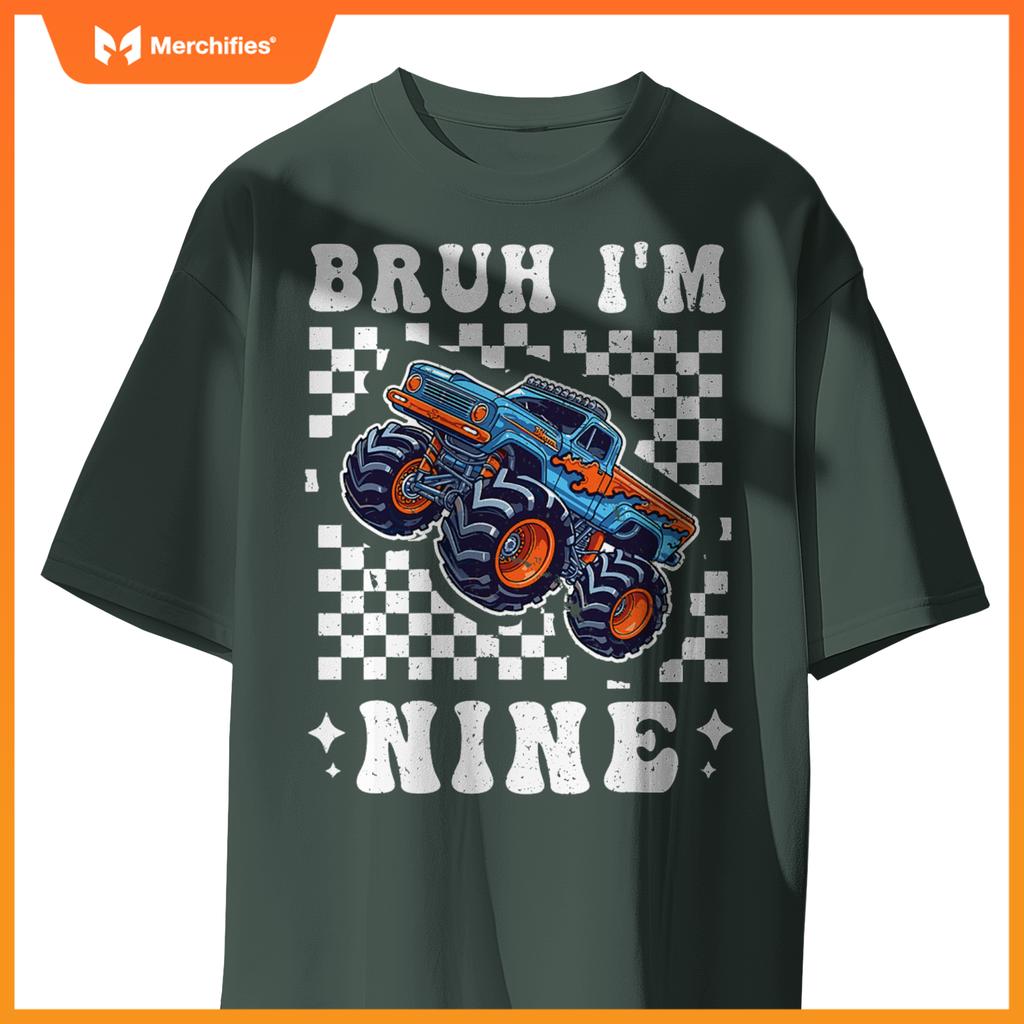 9 Years Old Boy Girl Bruh Im 9 Birthday Boys Monster Truck T-Shirt