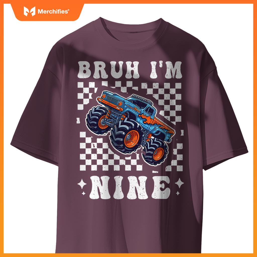 9 Years Old Boy Girl Bruh Im 9 Birthday Boys Monster Truck T-Shirt