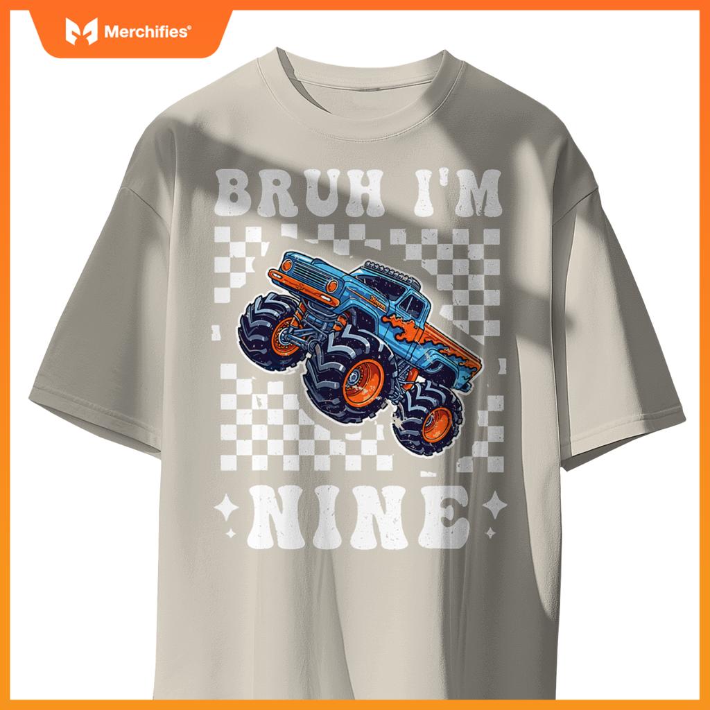 9 Years Old Boy Girl Bruh Im 9 Birthday Boys Monster Truck T-Shirt