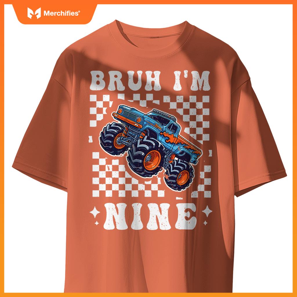 9 Years Old Boy Girl Bruh Im 9 Birthday Boys Monster Truck T-Shirt