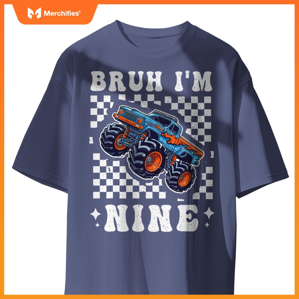 9 Years Old Boy Girl Bruh Im 9 Birthday Boys Monster Truck T-Shirt
