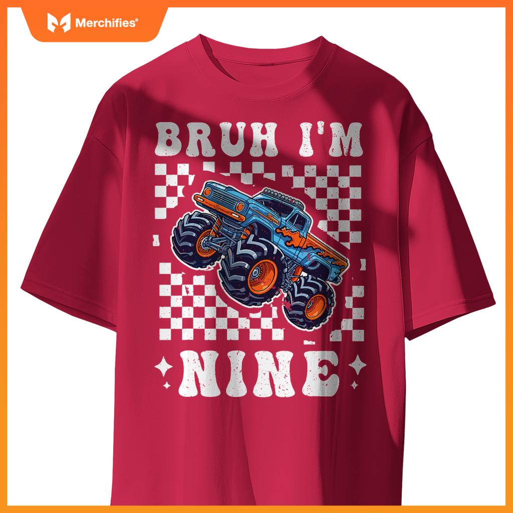 9 Years Old Boy Girl Bruh Im 9 Birthday Boys Monster Truck T-Shirt