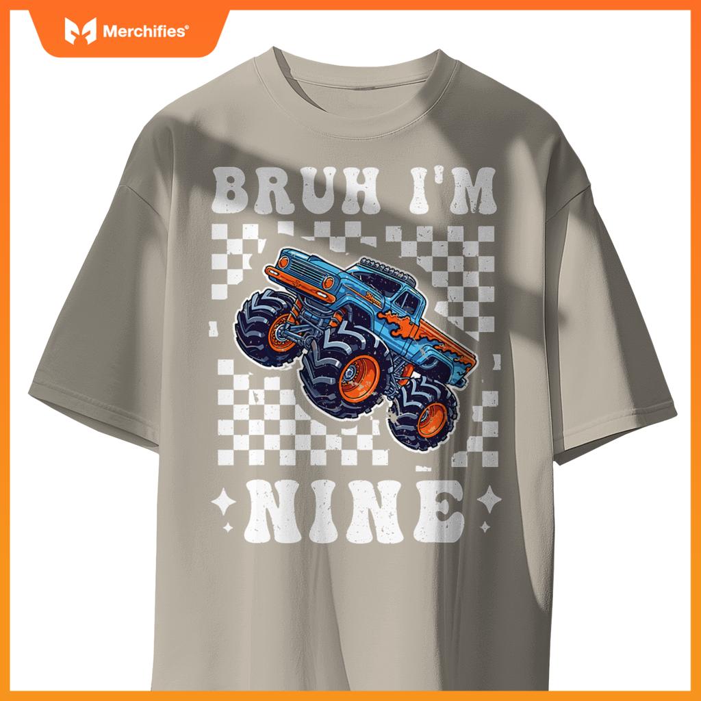 9 Years Old Boy Girl Bruh Im 9 Birthday Boys Monster Truck T-Shirt