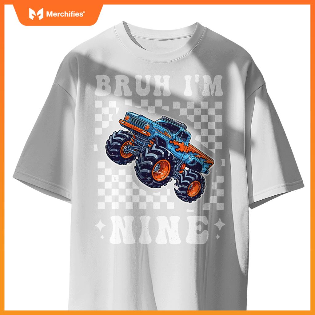 9 Years Old Boy Girl Bruh Im 9 Birthday Boys Monster Truck T-Shirt