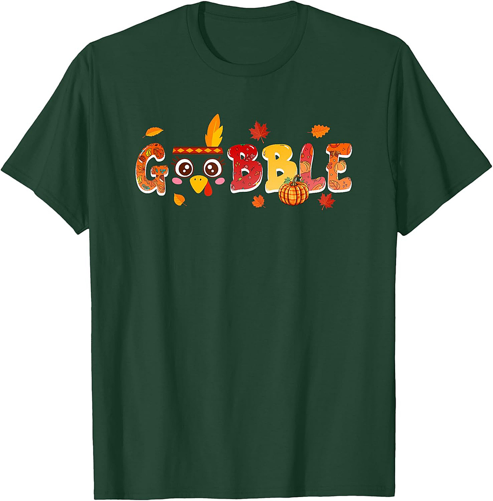 Gobble Thanksgiving Cute Turkey Face Fall Leaves Pumpkins T-Shirt