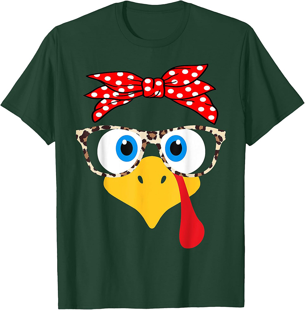 Turkey Face Leopard Print Glasses Thanksgiving Women Girl T-Shirt