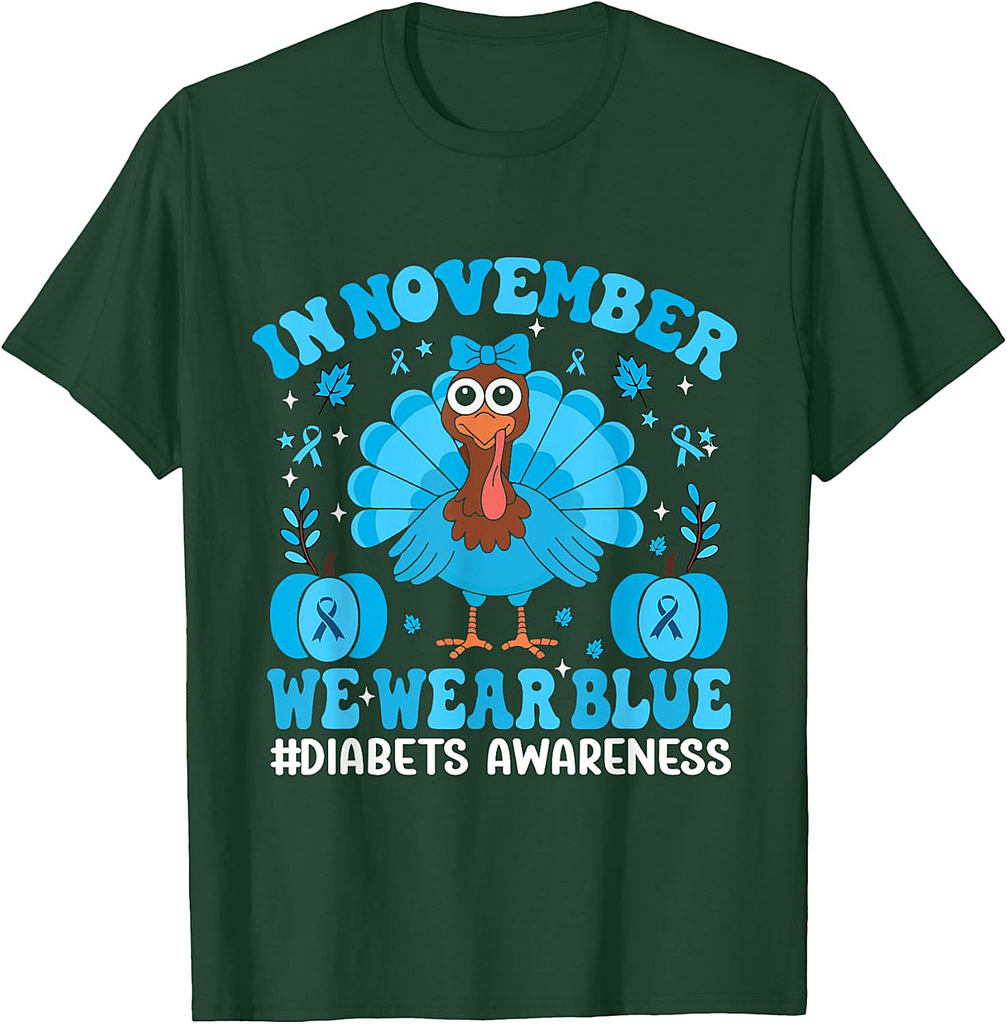 In November We Wear Blue Thanksgiving Diabetes Awareness Turkey T-Shirt