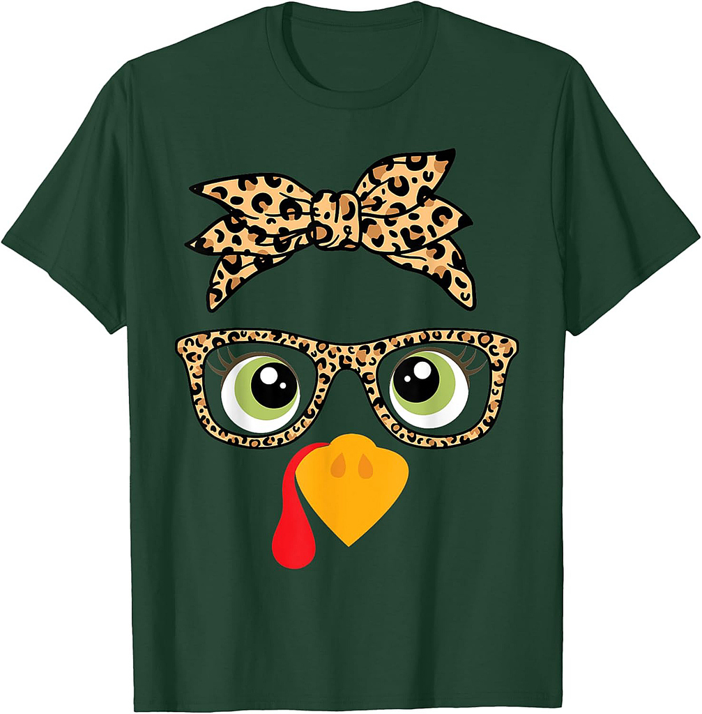 Thanksgiving Turkey Face Leopard Print Glasses Women Girls T-Shirt