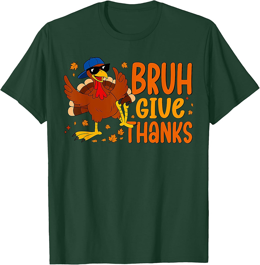 Give Thanks Bruh Thanksgiving Thankful Turkey Fall Leaves T-Shirt
