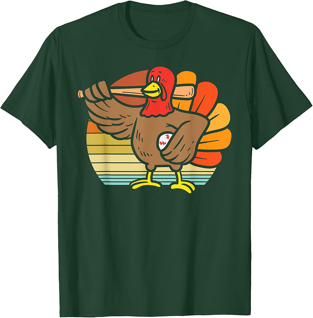 Turkey Baseball Retro Thanksgiving Sports Men Boys T-Shirt