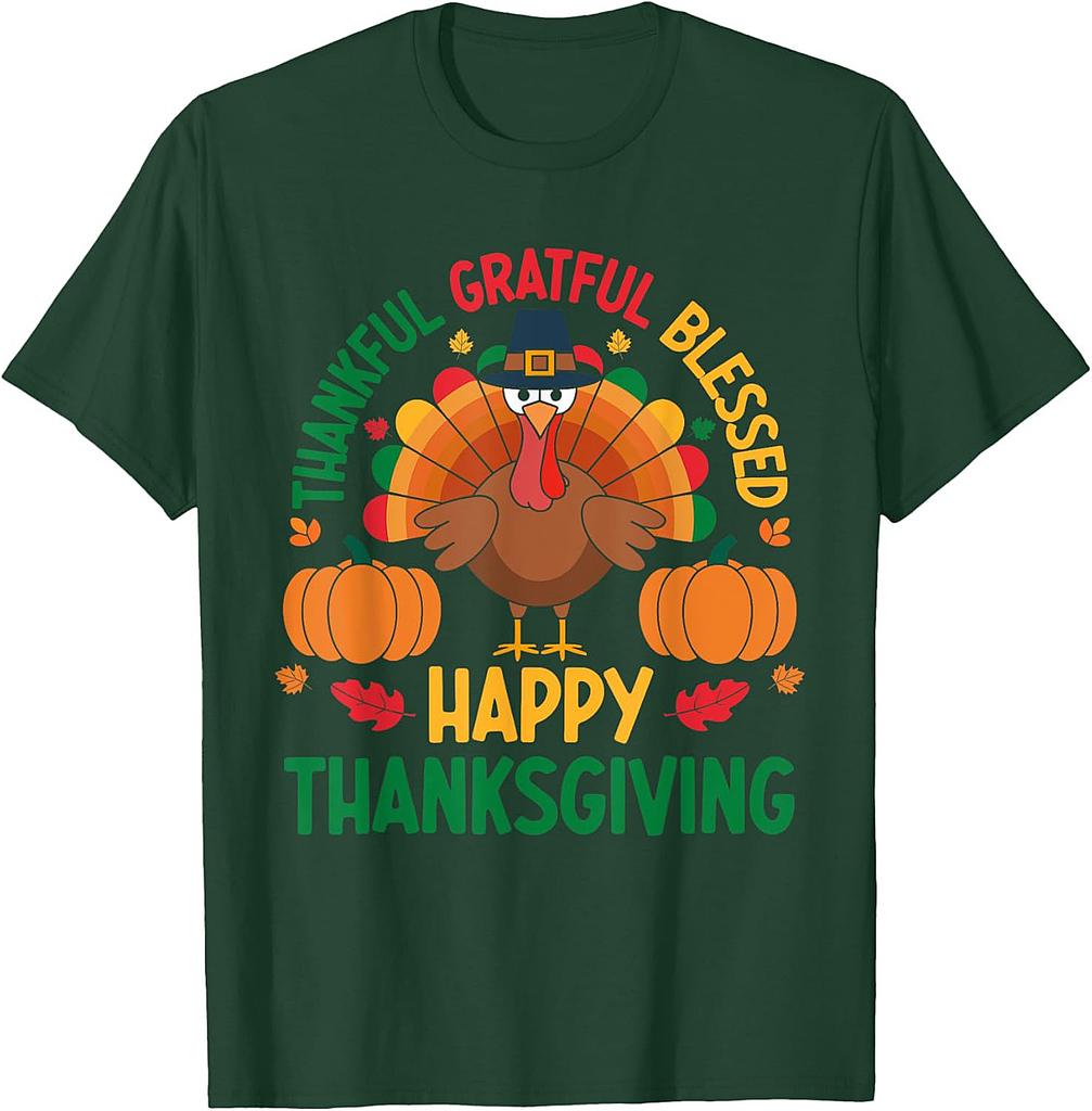 Thankful Grateful Blessed Happy Thanksgiving Turkey T-Shirt