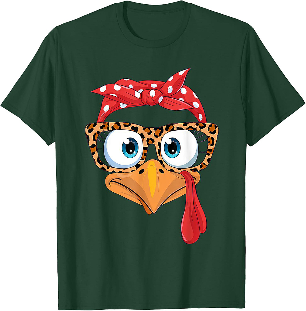 Thanksgiving Turkey Face Leopard Print Glasses Womens Girls T-Shirt