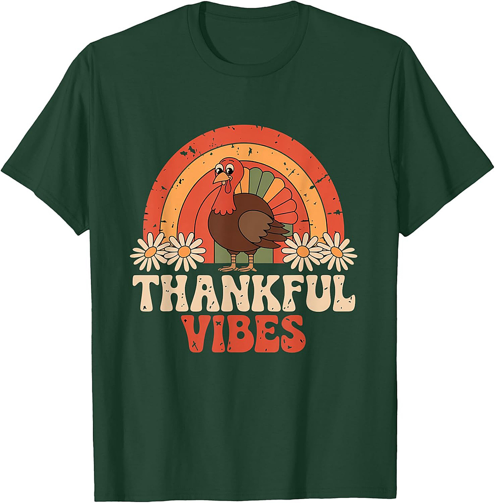 Retro Vintage Thankful Vibes Turkey Rainbow Thanksgiving 003 T-Shirt