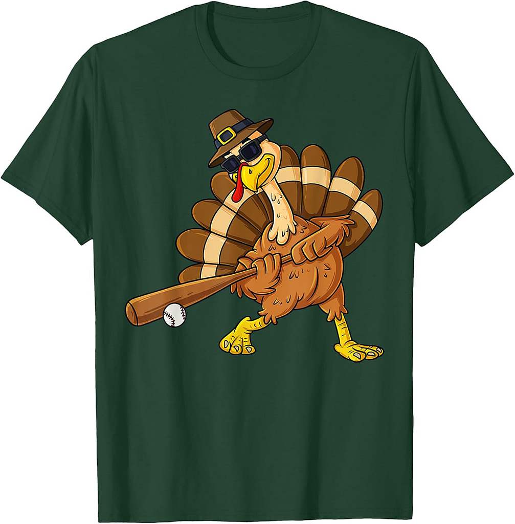 Thanksgiving Turkey Swinging Baseball Bat Boys Teens T-Shirt