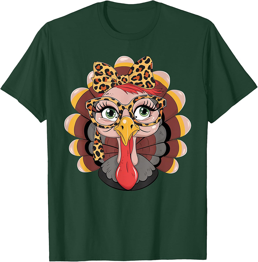 Thanksgiving Turkey Face Leopard Print Glasses Women Girls T-Shirt