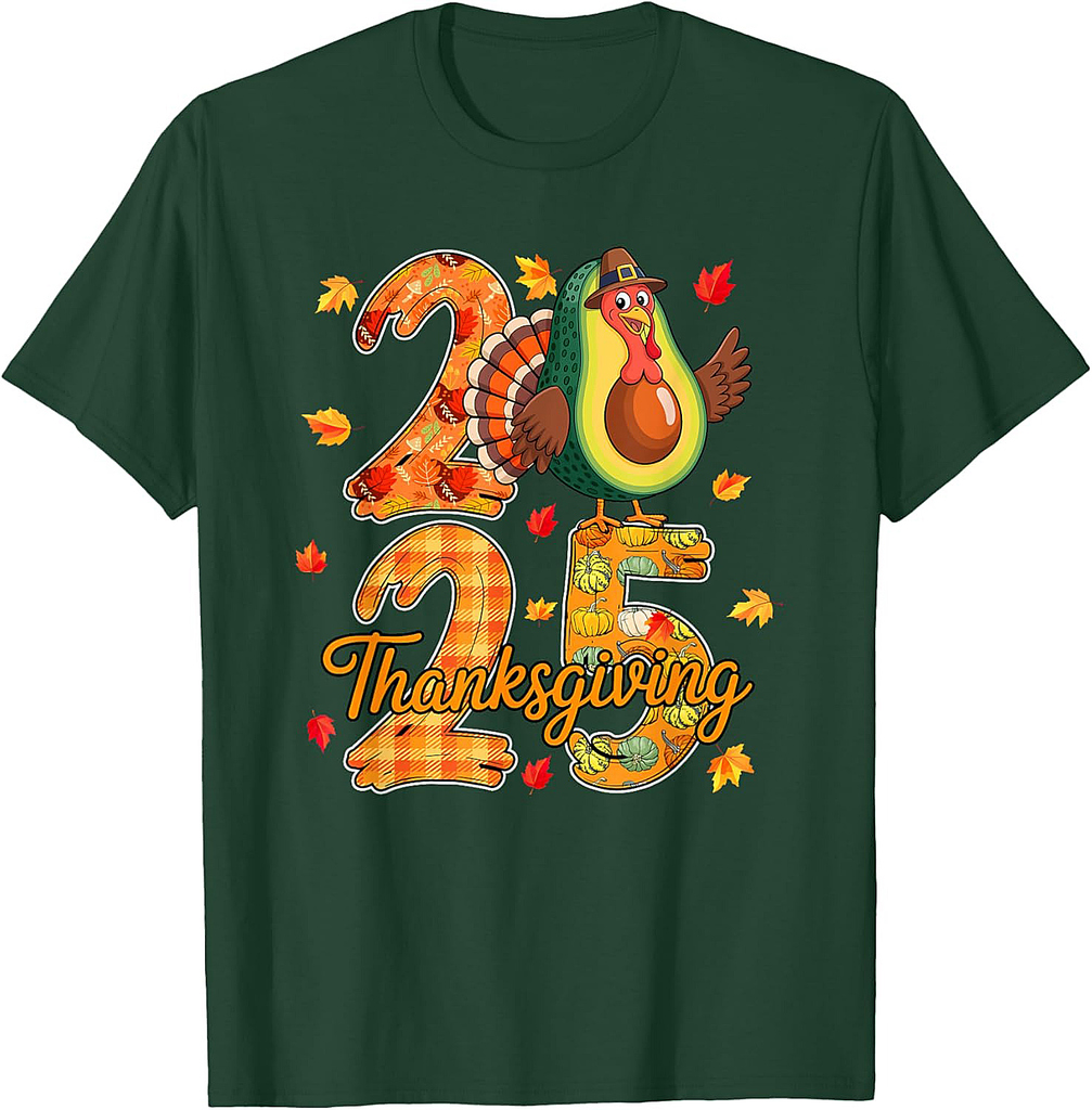 Thanksgiving 2025 Cute Turkey As Avocado Vegan Fall Leaves T-Shirt