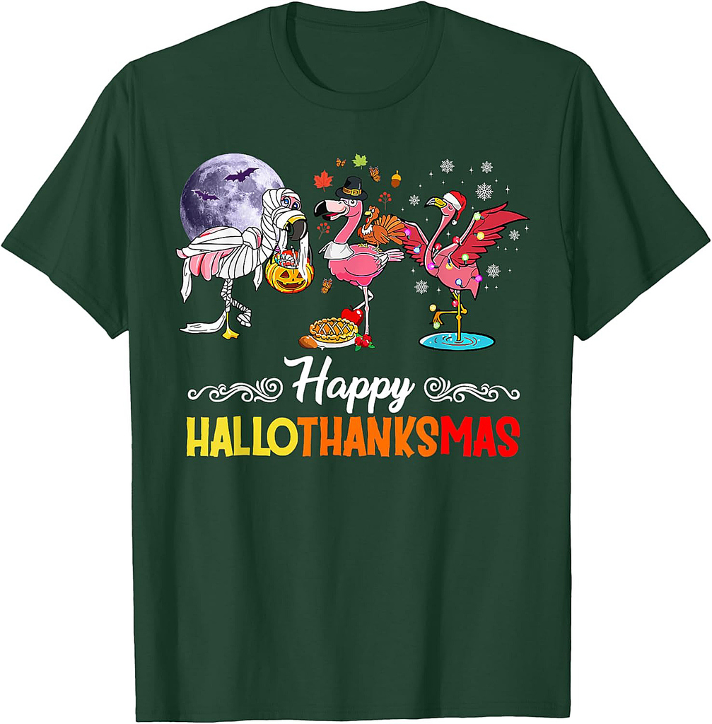 Flamingo Happy HalloThanksmas Funny Halloween Thanksgiving T-Shirt