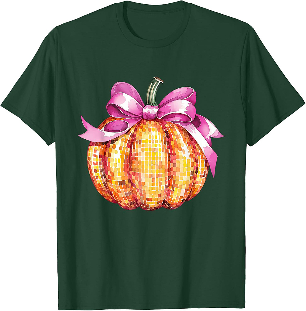 Retro Coquette Pumpkin Pink Bow Fall Thanksgiving Women Girl T-Shirt