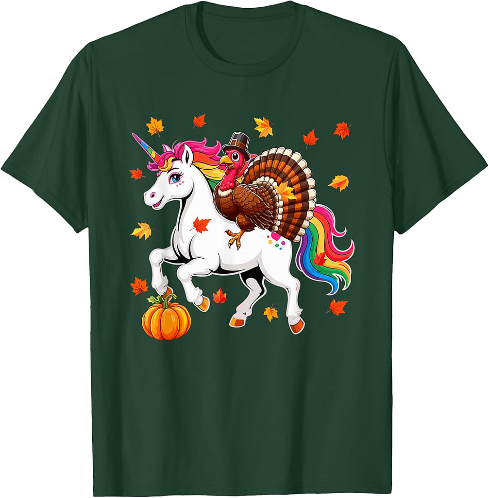 Turkey Riding Unicorn Thanksgiving Fall Leaves Pumpkin Lover T-Shirt
