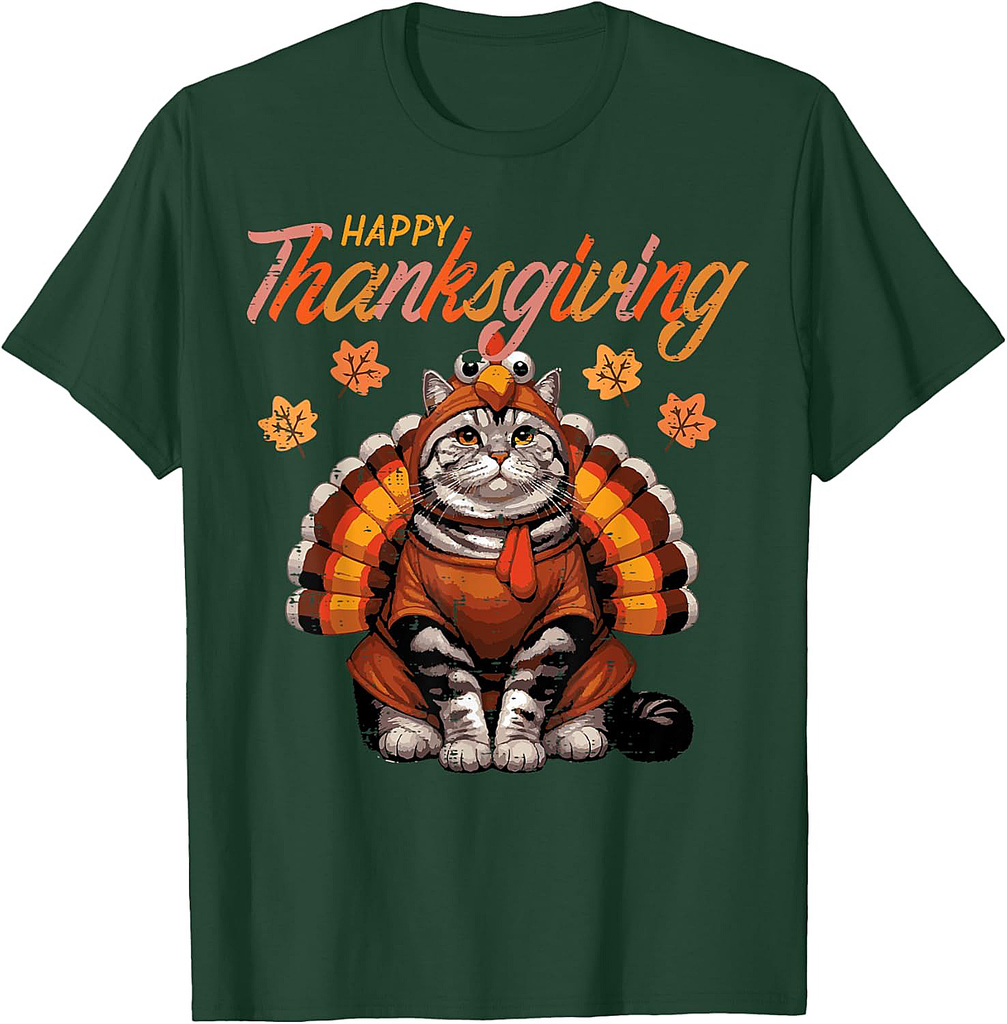 Happy Thanksgiving Cat Turkey Day Fall Women Girls Men T-Shirt