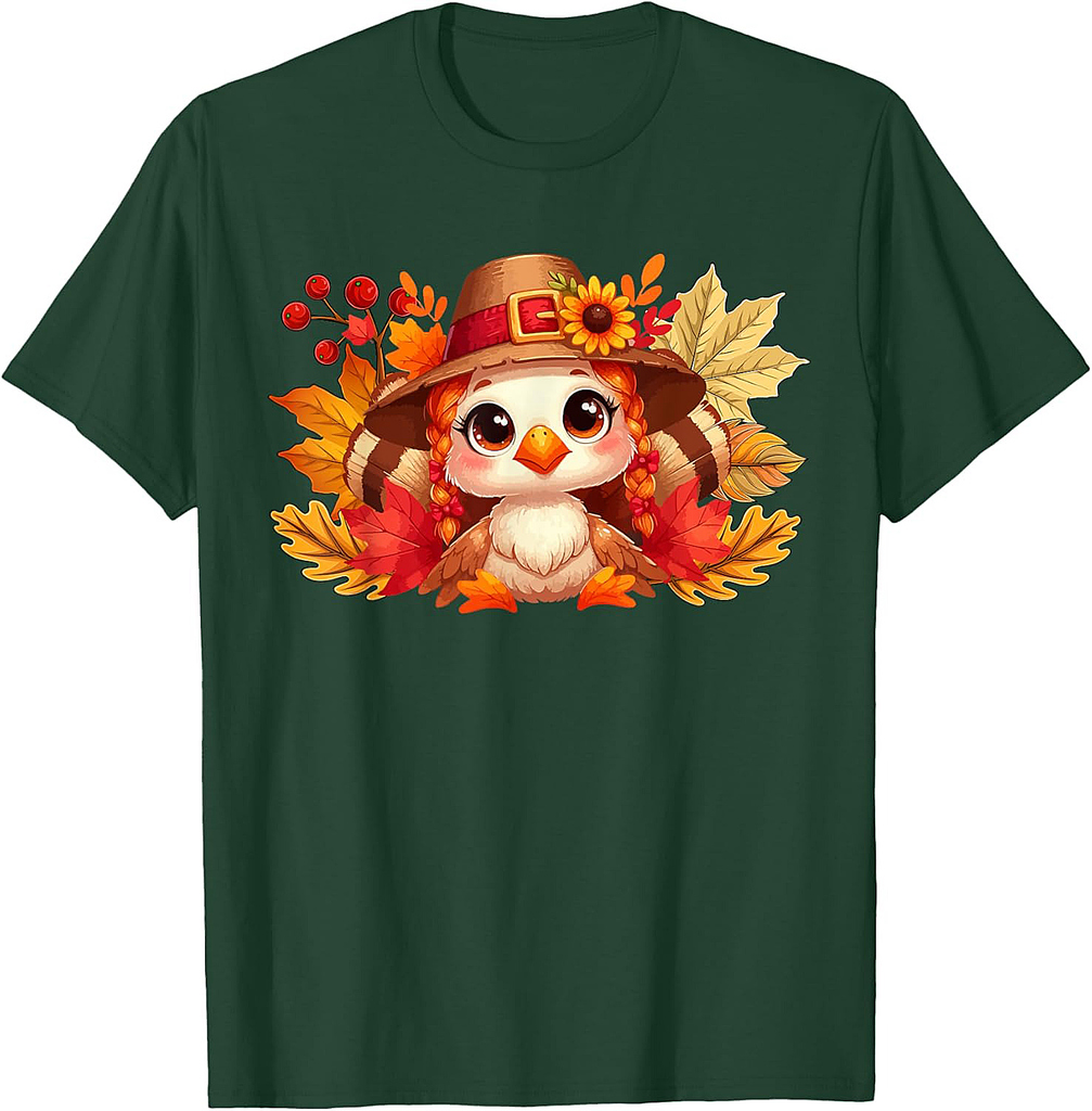 Cute Turkey Costume Girl Thanksgiving Fall Leaves Floral T-Shirt