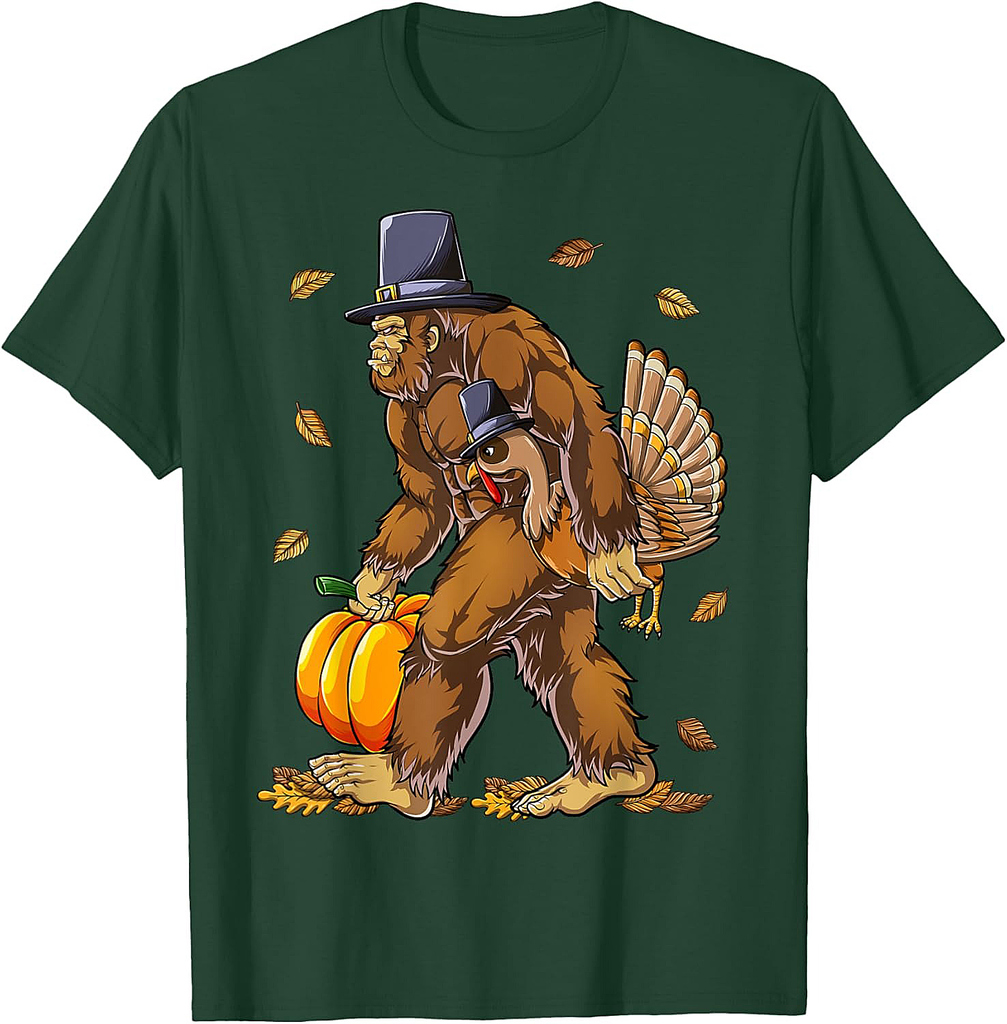 Bigfoot Pilgrim Turkey Pumpkin Thanksgiving Day Boys Men T-Shirt