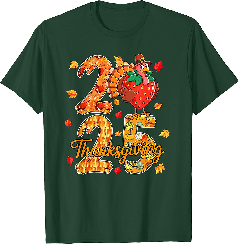 Thanksgiving 2025 Cute Turkey As Strawberry Vegan Autumn T-Shirt