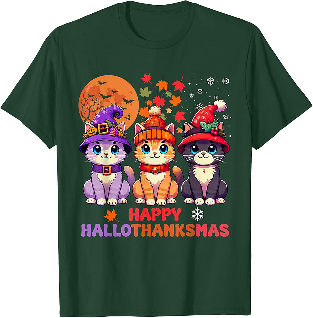 Halloween Thanksgiving Christmas Happy HalloThanksMas Cats T-Shirt