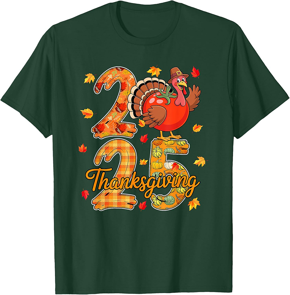 Thanksgiving 2025 Cute Turkey As Tomato Vegan Fall Leaves T-Shirt