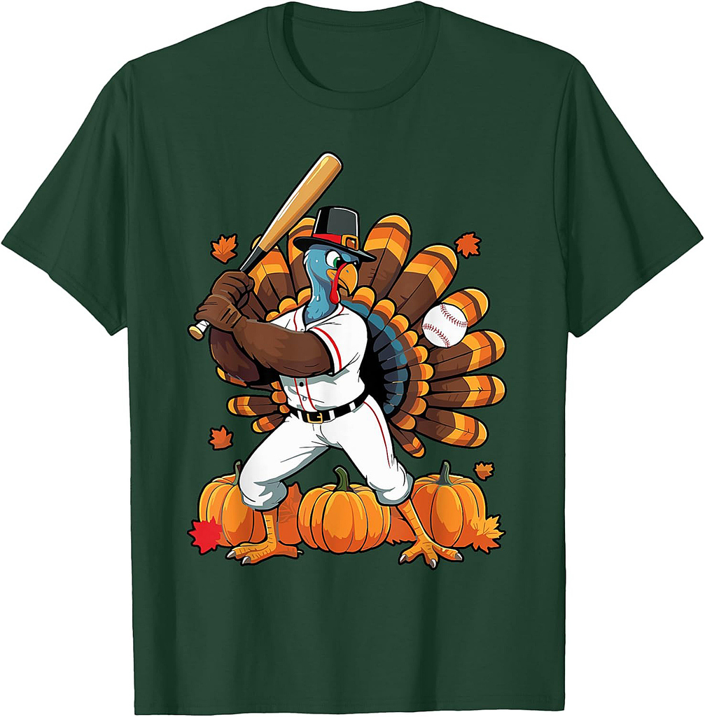 Turkey Playing Baseball Thanksgiving Baseball Player Boy Men T-Shirt