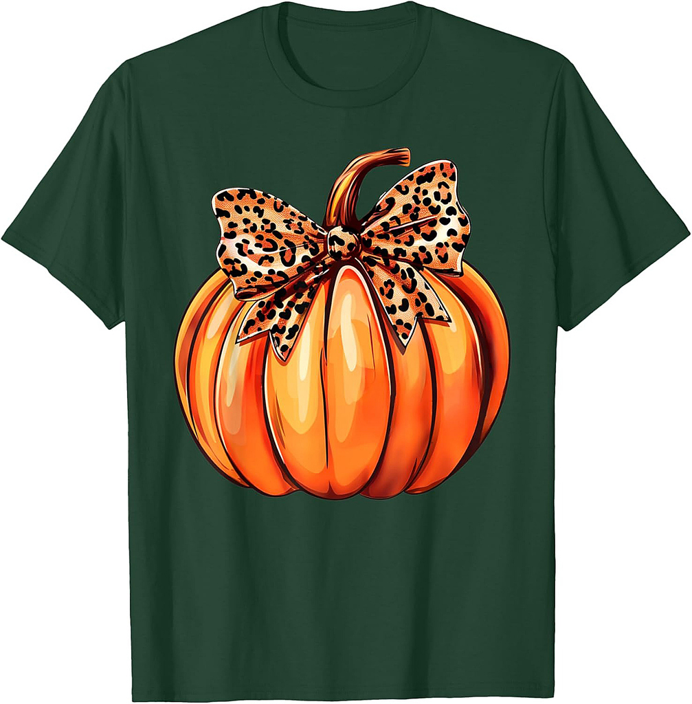 Coquette Bow Leopard Pumpkin Thanksgiving Rustic Fall Women T-Shirt